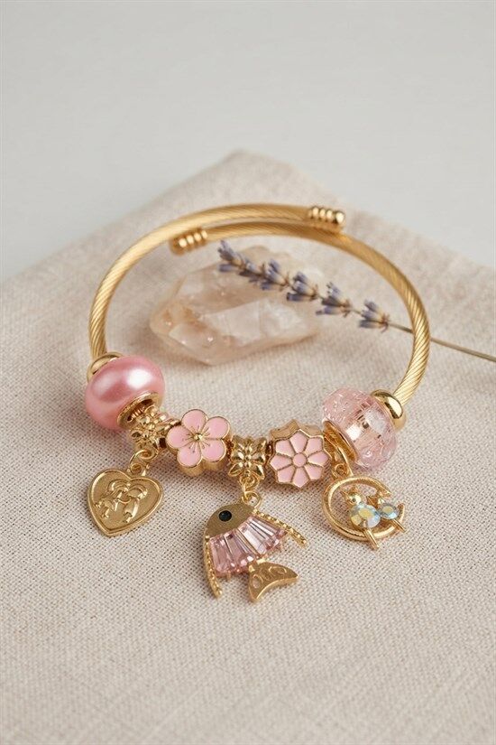 Balık Charmlı Pembe Renk Gold Bileklik
