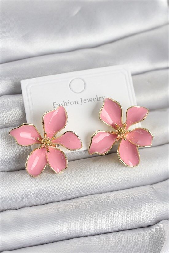 Pembe Mineli Çiçek Model Pirinç Kadın Küpe