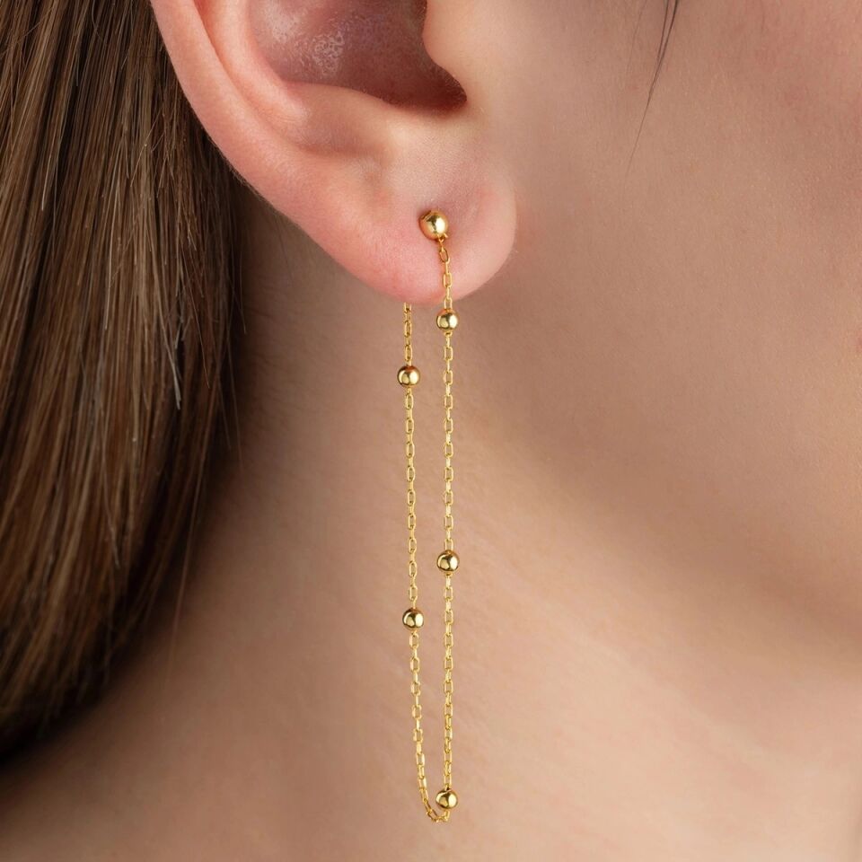 Gümüş Çift Zincirli Gold Top Detaylı Kadın Küpe