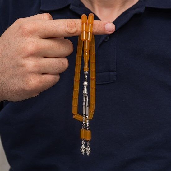 Metal Püsküllü 7x11 mm Kesme Sıkma Kehribar Tesbih