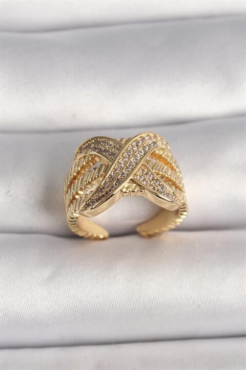 Pirinç Gold Renk Ayarlanabilir Zirkon Taşlı X Model Kadın Yüzük