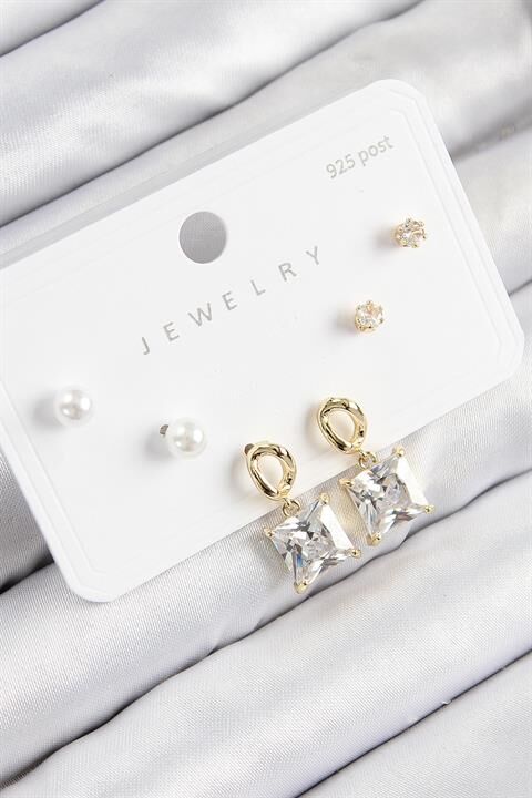 Pirinç Zirkon Taşlı Sallantılı Kare Model Gold Renk 925 Ayar Gümüş Çivi Kadın Küpe Set