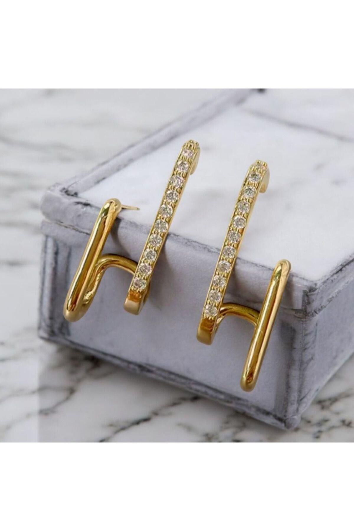 Kadınlar İçin Gold Renk Zirkon Taşlı Küpe