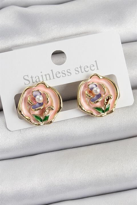 Pirinç Pembe Mineli Çiçek Figürlü Sanatsal Portre Model Gold Renk Kadın Küpe