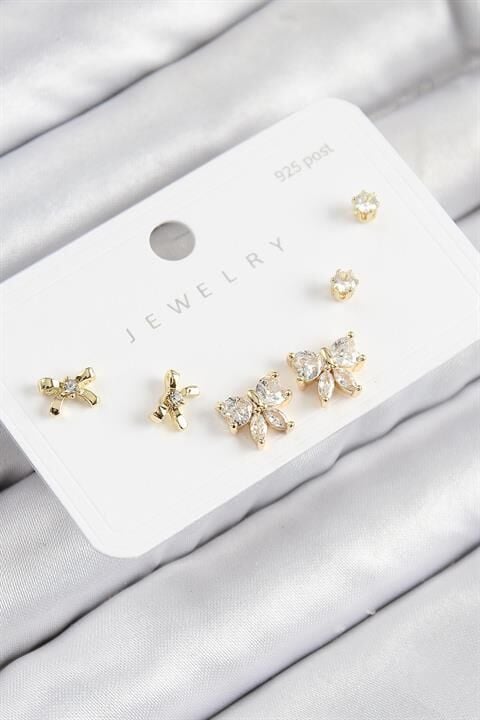 Pirinç Zirkon Taşlı Fiyonk Model Gold Renk 925 Ayar Gümüş Çivi Kadın Küpe Set