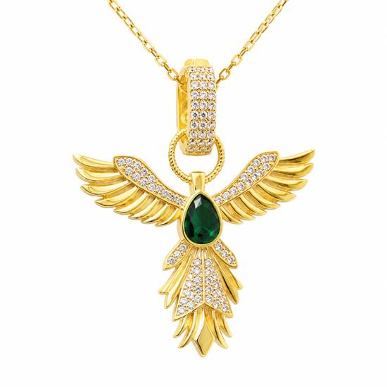 Gümüş Gold Zümrüt Taşlı Anka Kuşu Kadın Kolye
