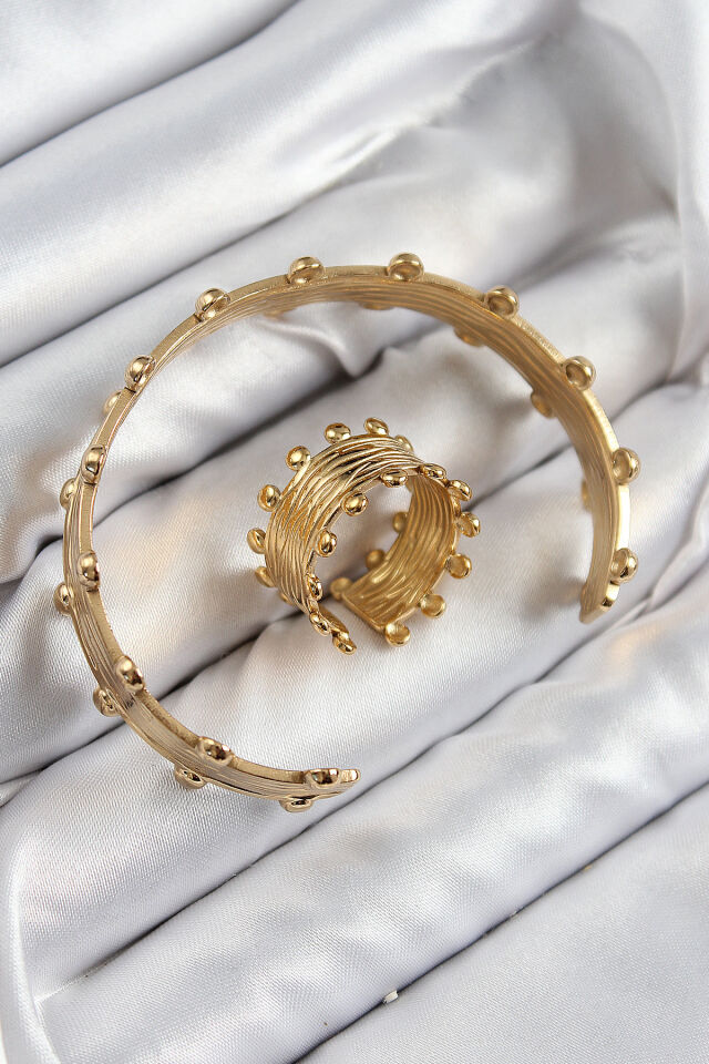Pirinç Topcuk Model Gold Renk Bileklik Yüzük Set