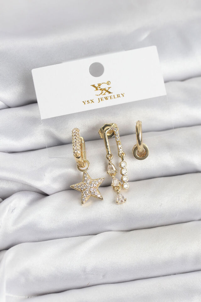 Pirinç Gold Renk Zirkon Taşlı Yıldız Vintage Model YSX Trio Küpe Seti