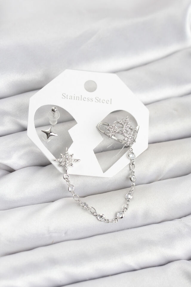 Kutup Yıldızı Model Pirinç Gümüş Renk Zincir Bağlantılı Ear Cuff Küpe Seti