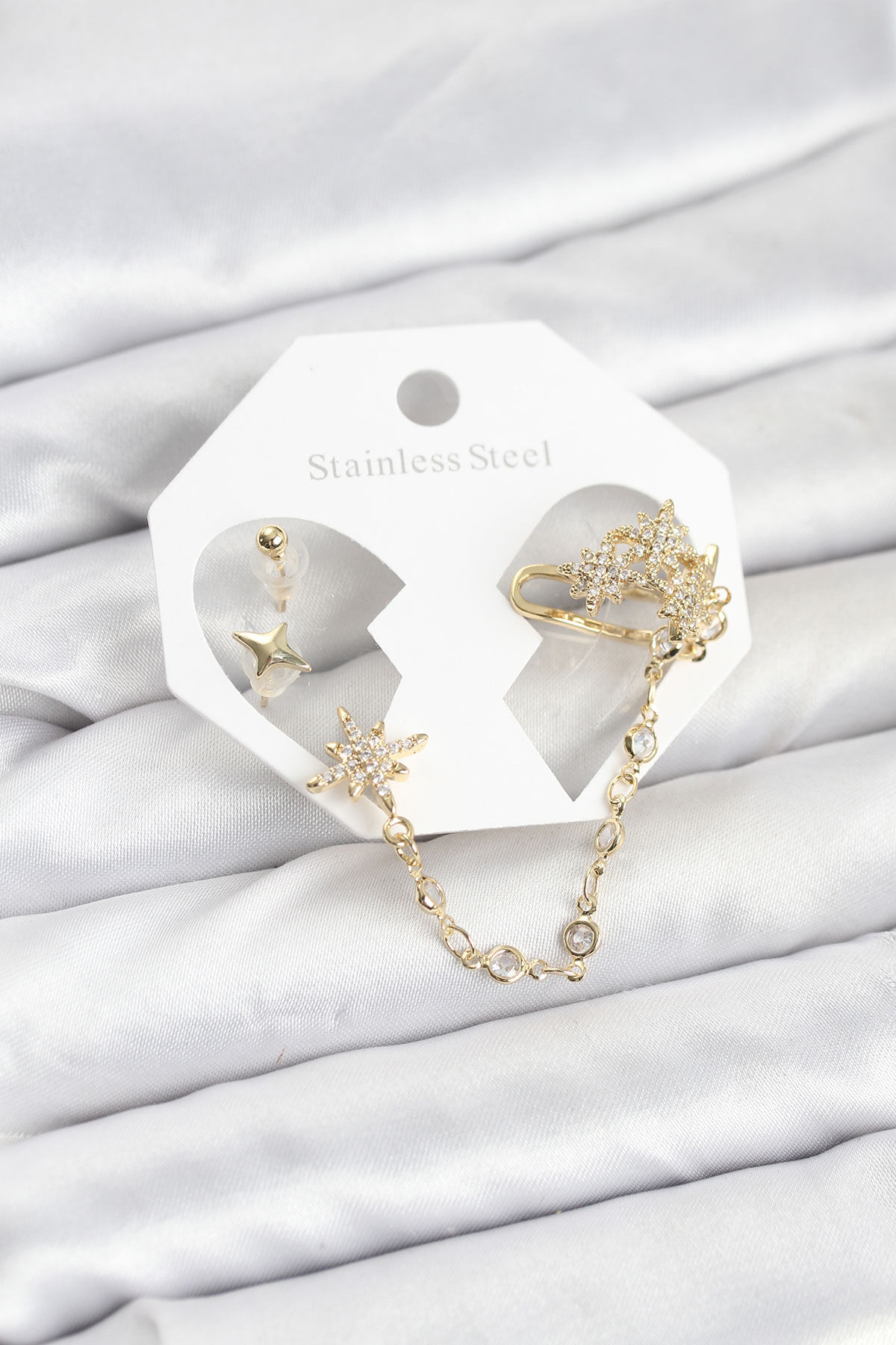 Kutup Yıldızı Model Pirinç Gold Renk Zincir Bağlantılı Ear Cuff Küpe Seti