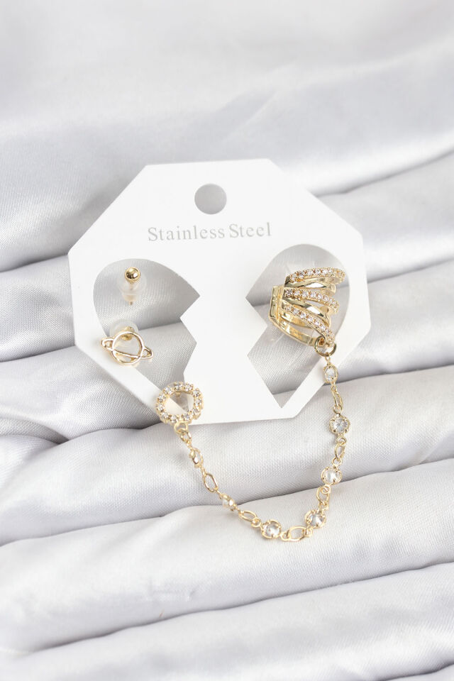 Uzay Model Pirinç Gold Renk Zincir Bağlantılı Ear Cuff Küpe Seti