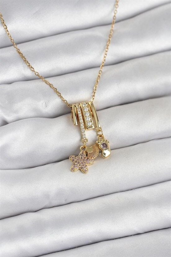 316L Çelik Gold Zirkon Taşlı Deniz Tema Charmlı Kadın Kolye