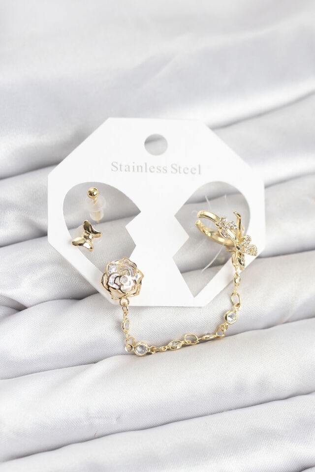 Pirinç Gold Renk Kelebekli Model Zincir Bağlantılı Ear Cuff Küpe Seti