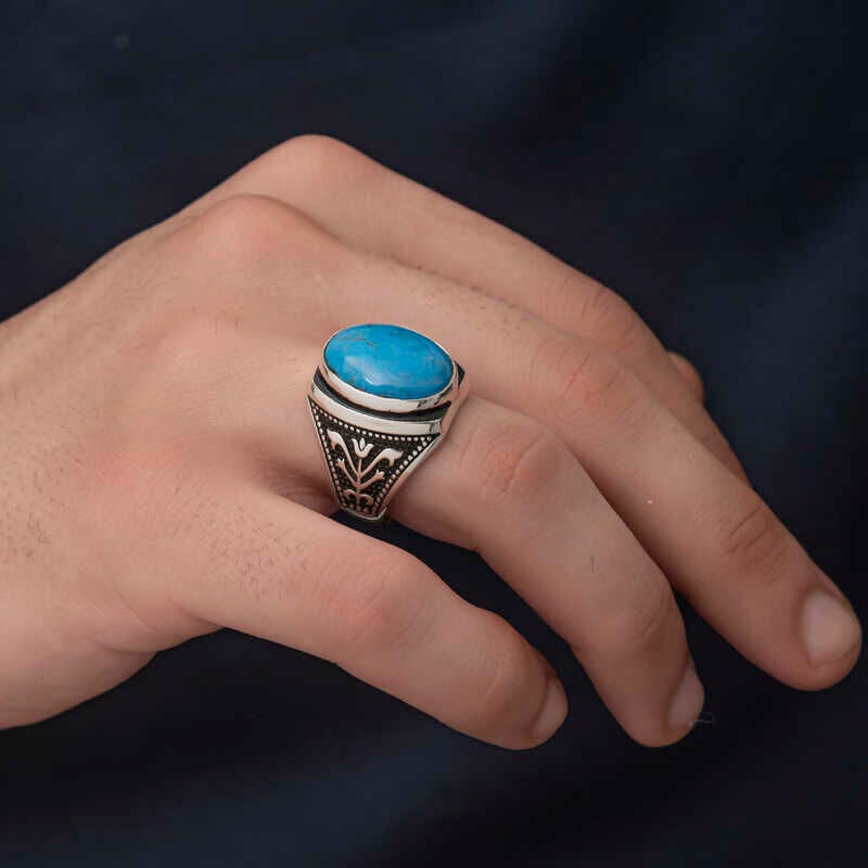 Gümüş Zirkon Turkuaz Taşlı Oval Erkek Yüzük