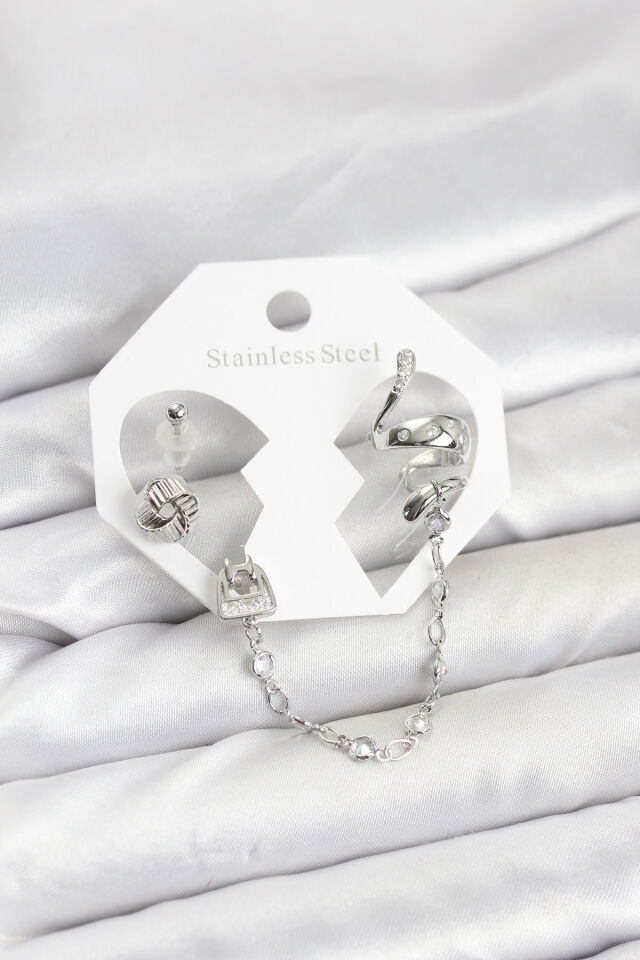 Pirinç Gümüş Renk Yılan Model Zincir Bağlantılı Ear Cuff Küpe Seti
