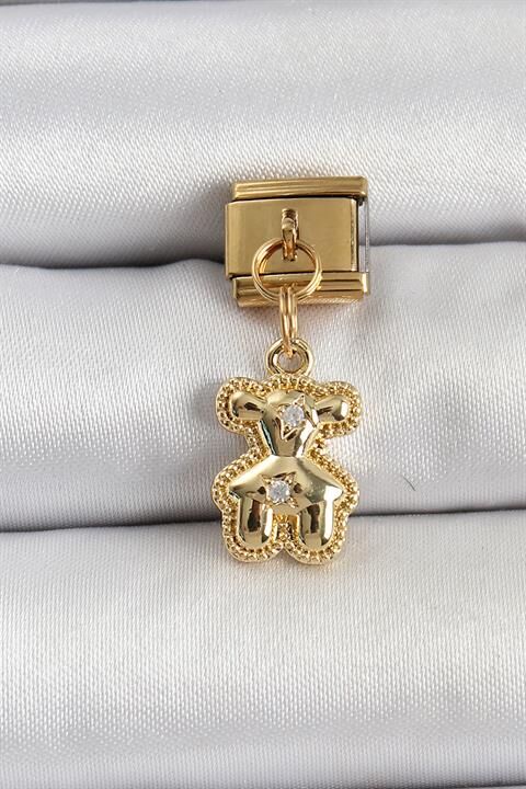 316L Çelik Sallantılı Zirkon Taşlı Ayıcık Model Gold Renk Nomination Charm