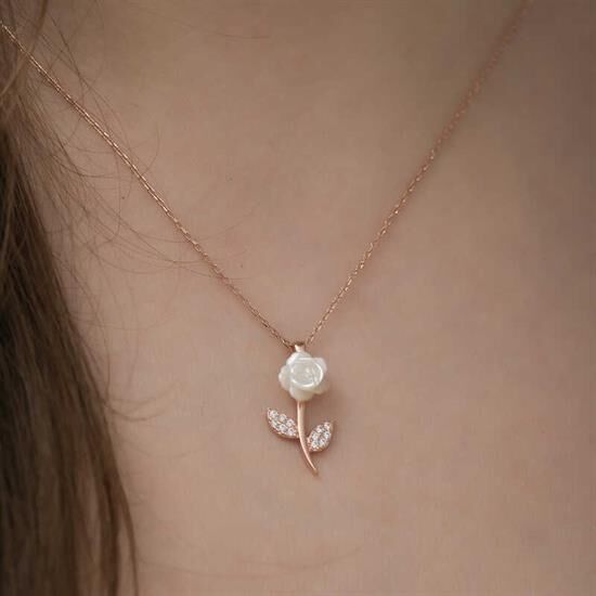 Gümüş Rose Beyaz Gül Kolye