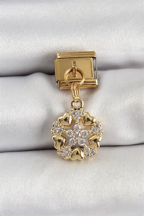 316L Çelik Sallantılı Zirkon Taşlı Kalp Detaylı Yıldz Model Gold Renk Nomination Charm