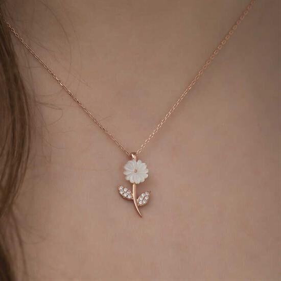 Gümüş Rose Sedef Çiçek Kolye
