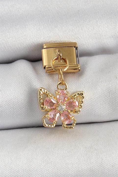 316L Çelik Sallantılı Zirkon Taşlı Çiçek Figürlü Kelebek Model Gold Renk Nomination Charm