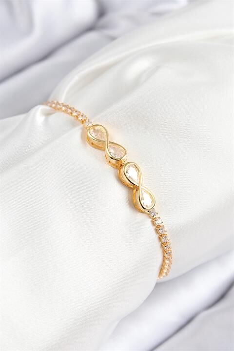 Pirinç Zirkon Taşlı Sonsuzluk Model Gold Renk Asansörlü Kadın Bileklik