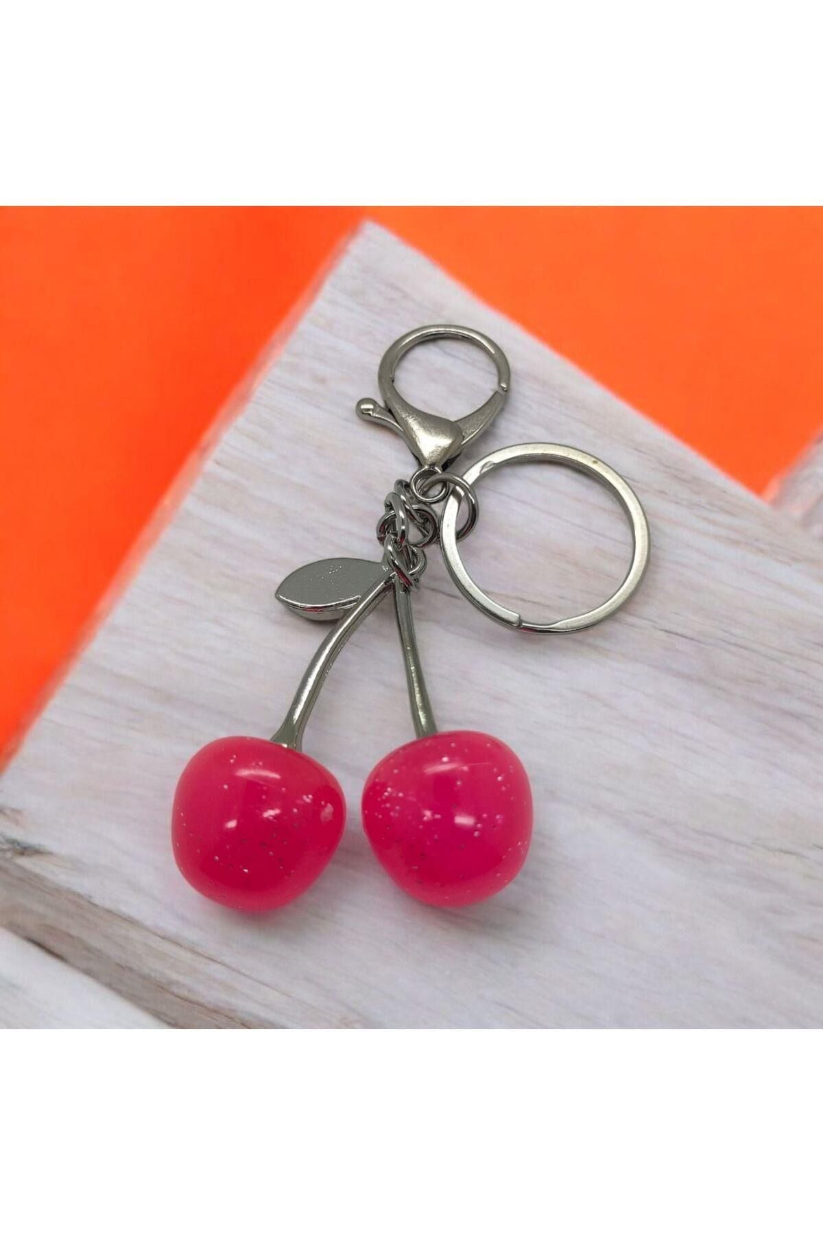Pembe Simli Kiraz Meyve Gümüş Saplı Alımlı Çanta Anahtarlık
