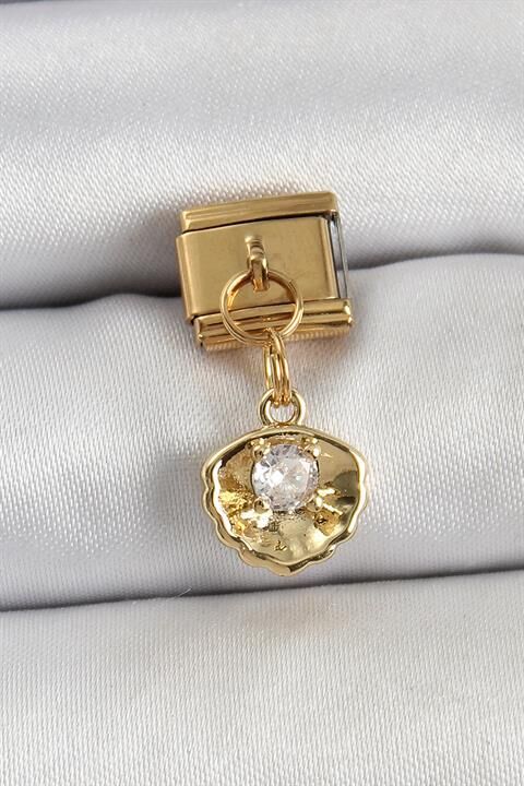 316L Çelik Sallantılı Zirkon Taşlı İstiridye Model Gold Renk Nomination Charm