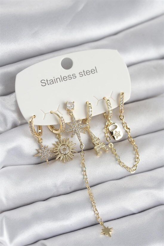 316L Çelik Gold Renk 6'lı Set Charmlı Kadın Küpe