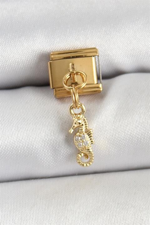 316L Çelik Sallantılı Zirkon Taşlı Deniz Atı Model Gold Renk Nomination Charm