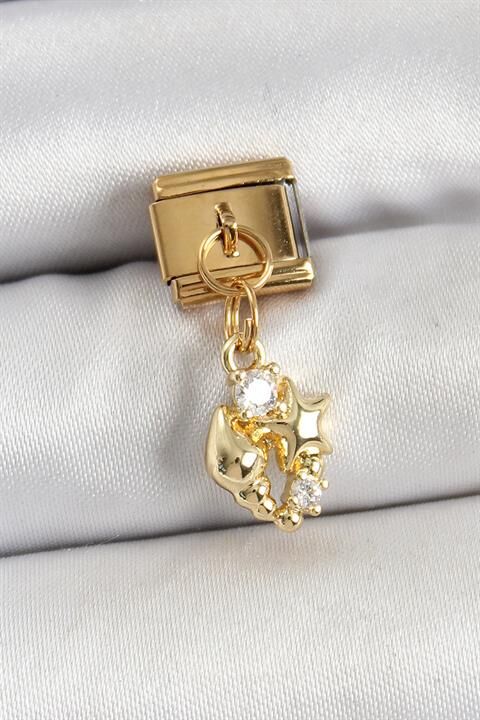 316L Çelik Sallantılı Zirkon Taşlı Deniz Kabuğu Ve Yıldız Model Gold Renk Nomination Charm