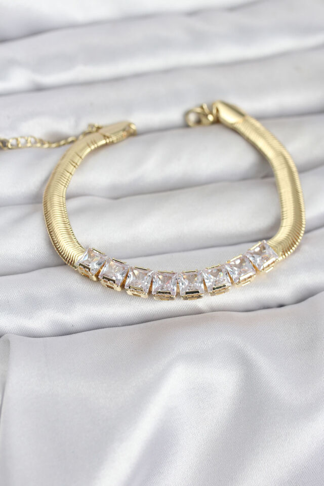 316L Çelik Gold Renk Kare Zirkon Taşlı Yılan Zincirli Kadın Bileklik