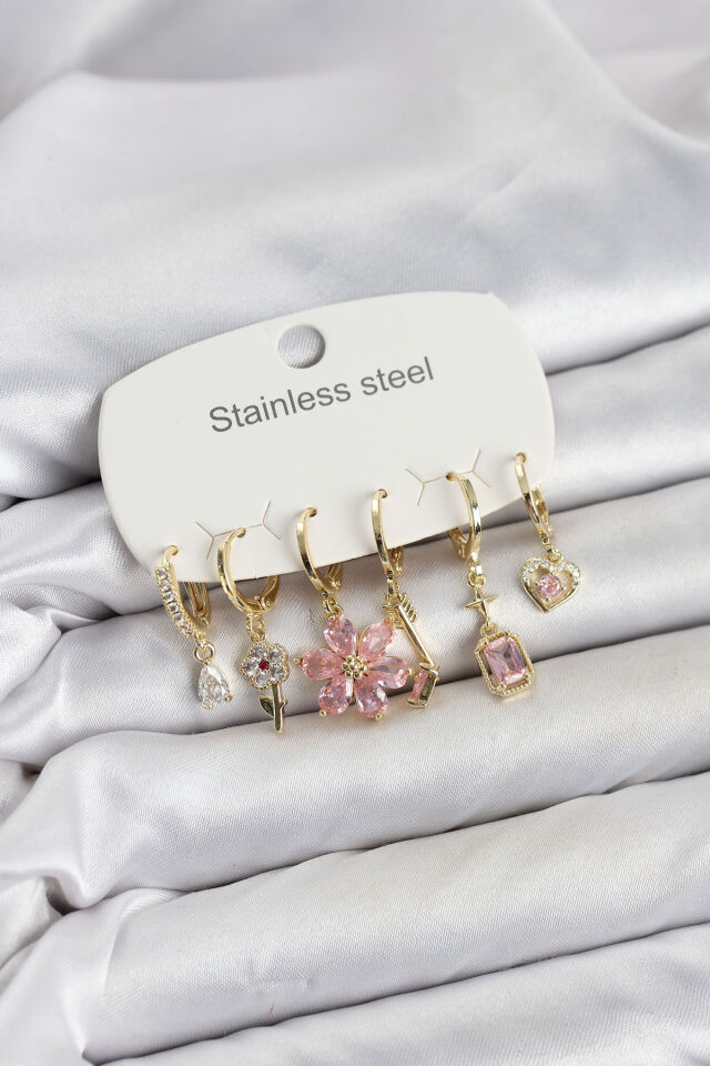 316L Çelik Gold Renk Pembe Zirkon Taşlı Lotus Detaylı Kadın Küpe Seti