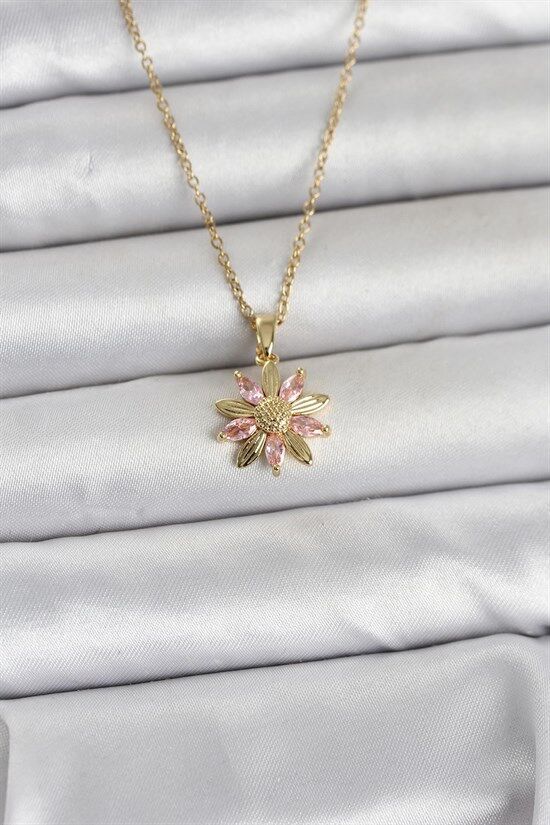 316L Çelik Zincir Gold Renk Pembe Papatya Model Kadın Kolye
