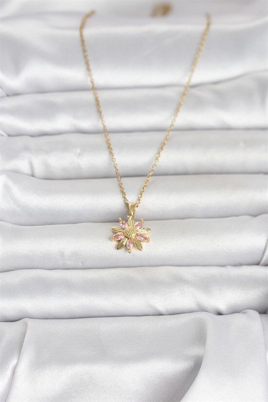 316L Çelik Zincir Gold Renk Pembe Papatya Model Kadın Kolye