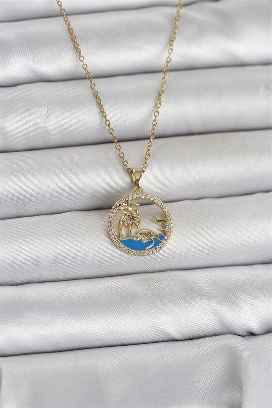 316L Çelik Zincir Gold Renk Zirkon Taşlı Deniz Temalı Kadın Kolye