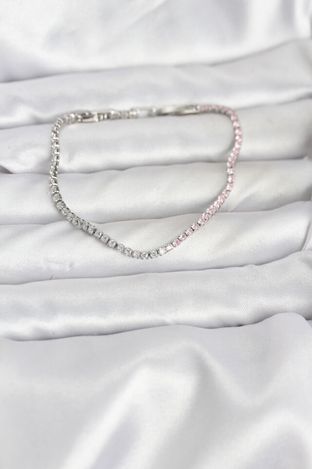 Pembe ve Beyaz Zirkon Taşlı Gümüş Renk Su Yolu Kadın Bileklik