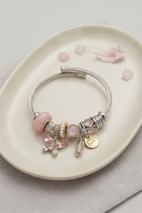 Pembe Kristal Kelebek Charmlı Bileklik