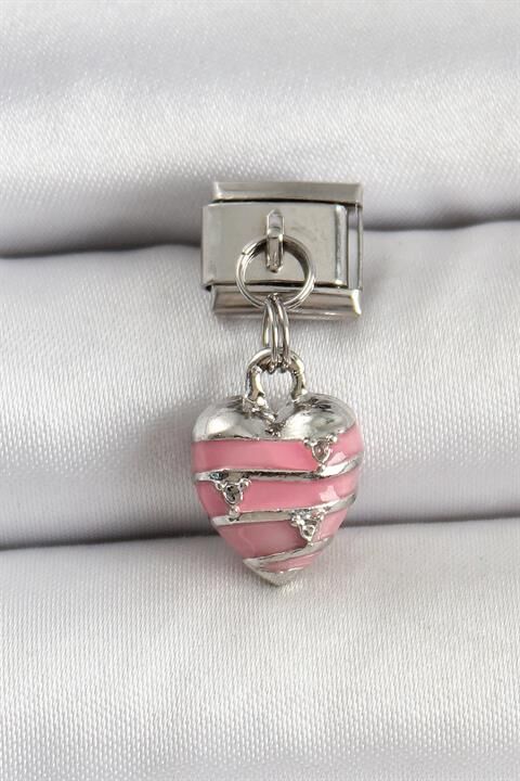 316L Çelik Gümüş Renk Pembe Kalp Model Nomination Charm