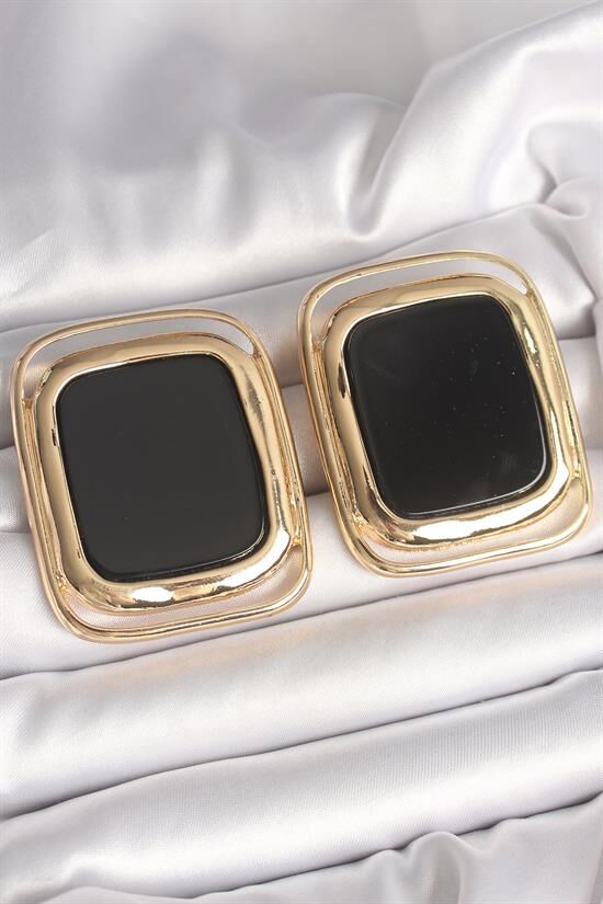 Pirinç Gold Renk Siyah Mineli Kare Model Kadın Küpe